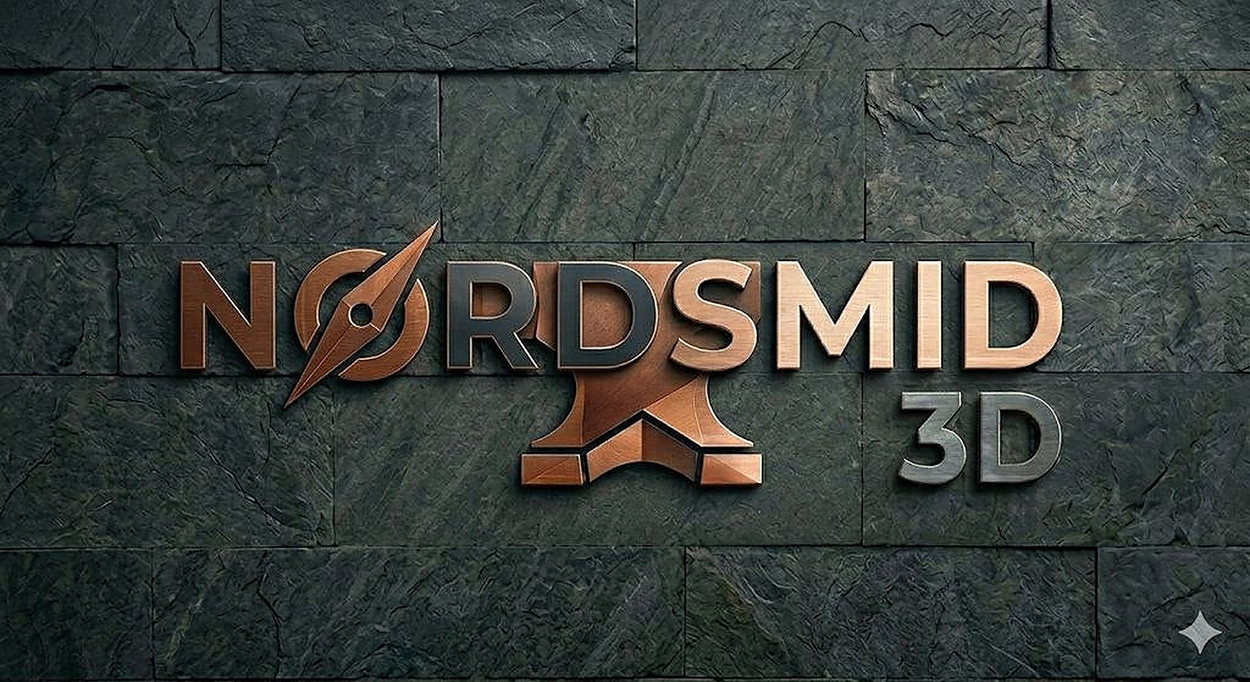 Nordsmid 3D Logo – geschmiedeter Kompass-Amboss auf Schiefer